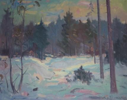 Erik Køllner, 1957, oliemaleri på lærred, hvid træramme, vintersol i skov. Privateje